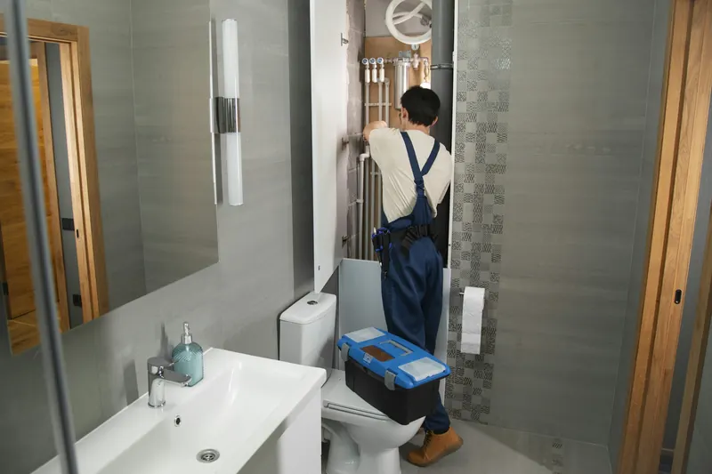 Plumber working on bathroom plumbing in a home